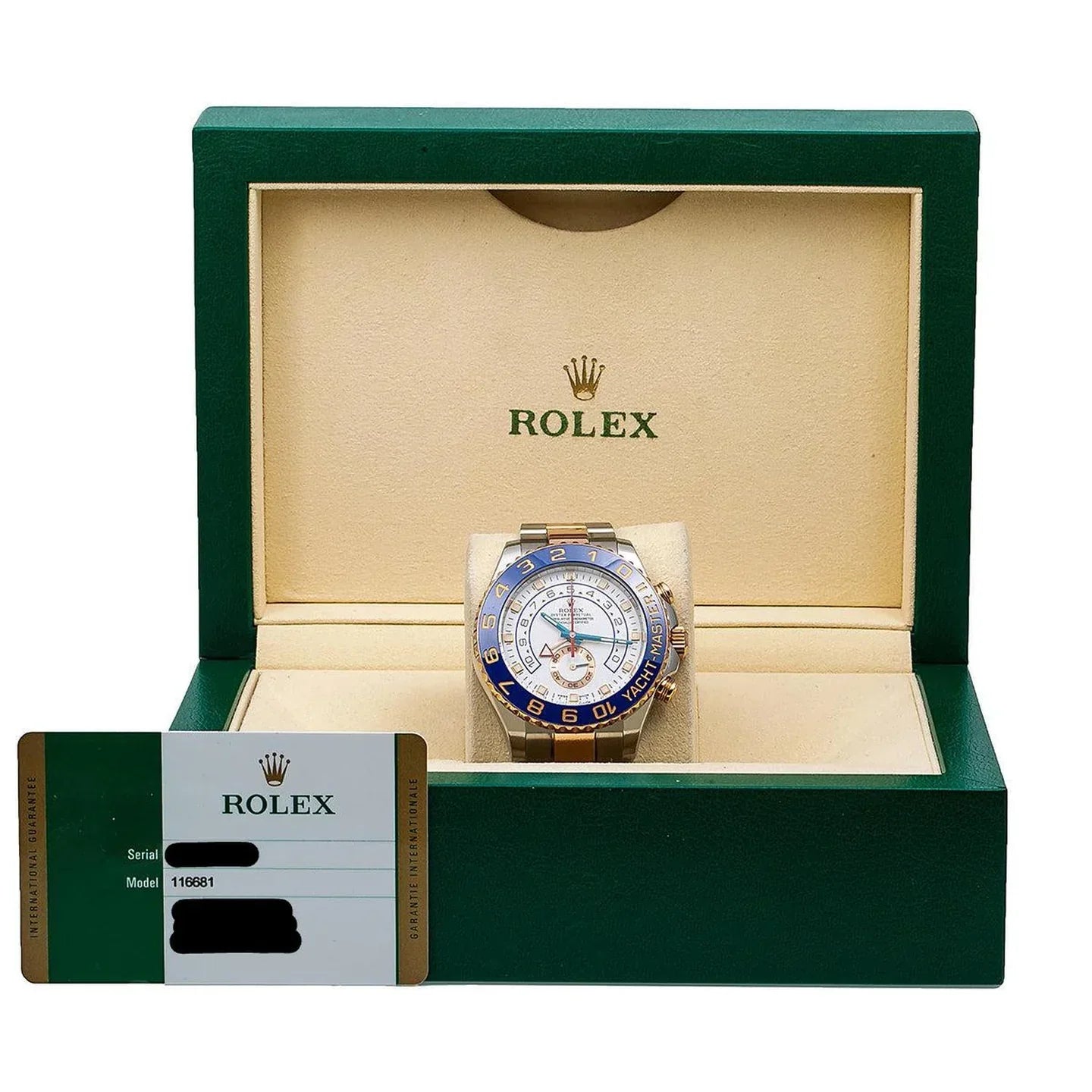 Yacht-Master II 44mm 116681 – White Dial, Blue Ceramic Bezel, Two-Tone Everose Rolesor Oyster Bracelet (non-Mercedes hands)