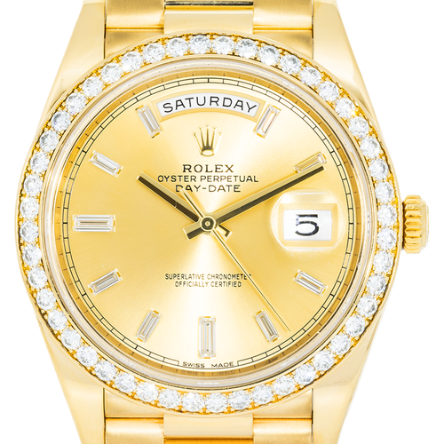18k Yellow Gold Day-Date 40mm, 228348RBR Factory Diamond Bezel and President Bracelet