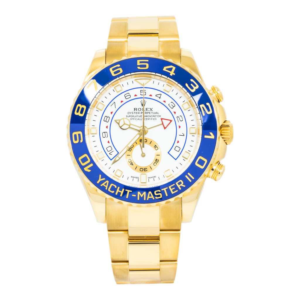 Rolex Yacht-Master II 116688 44mm 18k Yellow Gold White Dial Blue Ceramic Bezel – Mercedes Hands-Rolex-JD Watches NY