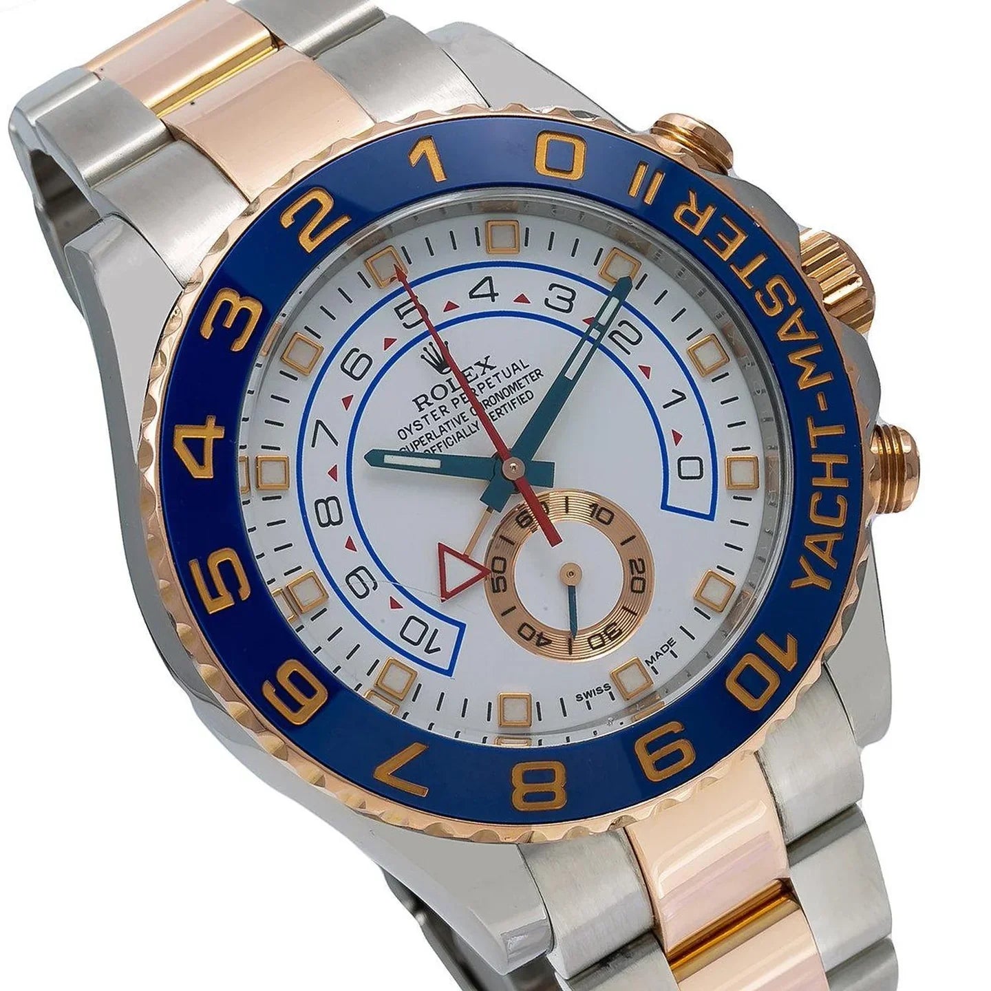 Yacht-Master II 44mm 116681 – White Dial, Blue Ceramic Bezel, Two-Tone Everose Rolesor Oyster Bracelet (non-Mercedes hands)