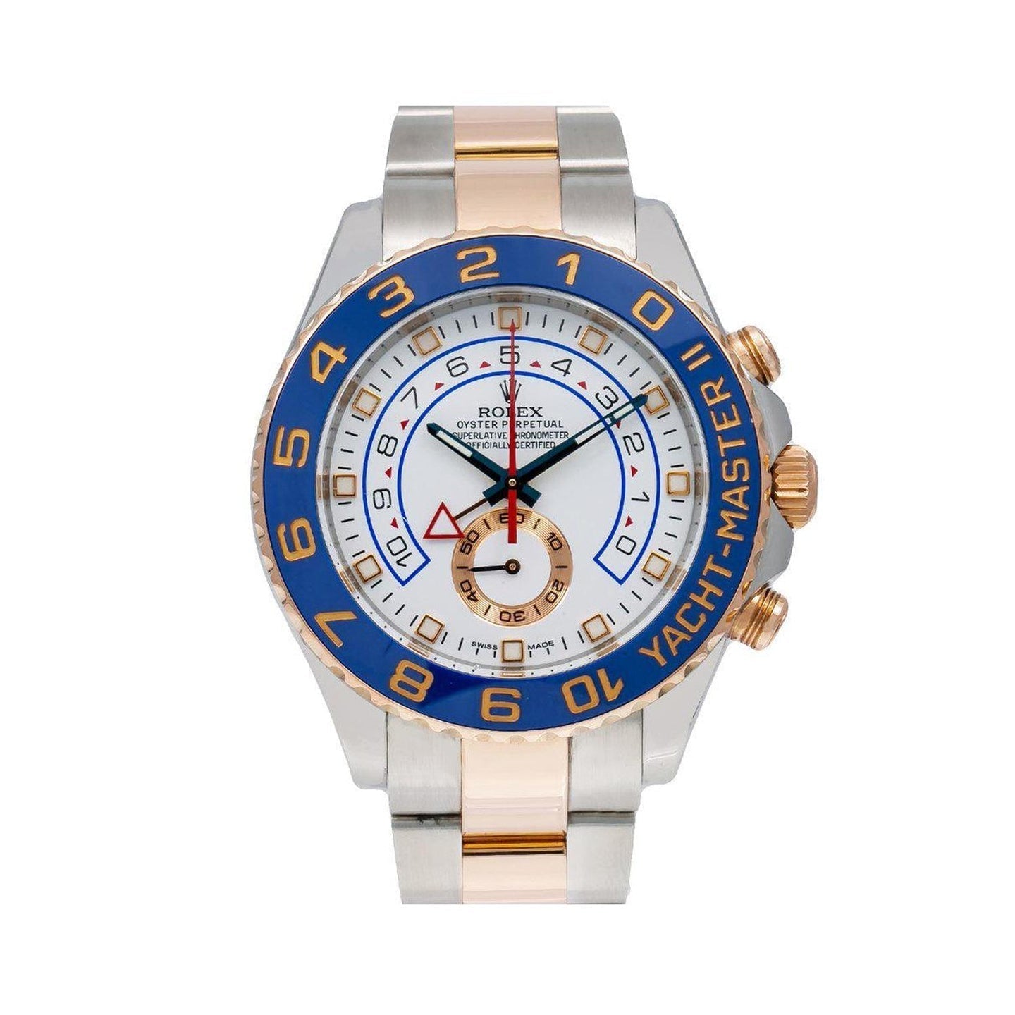Yacht-Master II 44mm 116681 – White Dial, Blue Ceramic Bezel, Two-Tone Everose Rolesor Oyster Bracelet (non-Mercedes hands)