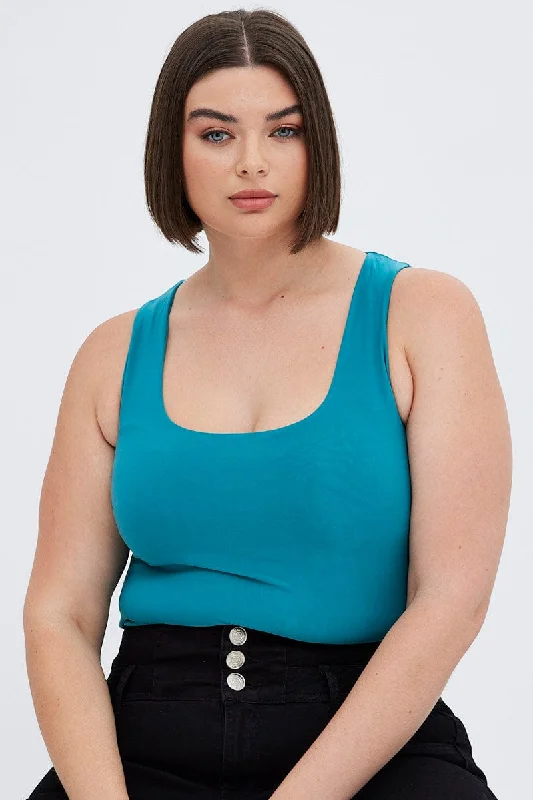 Refined Simplicity Green Tank Top Double Layer Square Neck