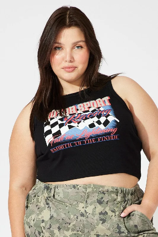 Big Savings On Stylish Women's Apparel Collections Black Graphic Tank Top Crew Neck